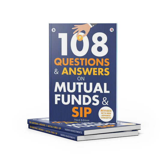 Book titled '108 Questions & Answers on Mutual Funds & SIP' with a blue cover and white text.