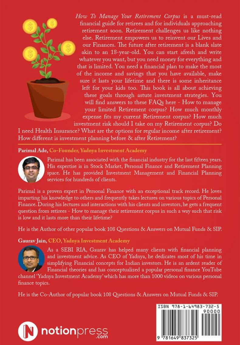 Back cover of a book with text and images of a plant, people, and a logo on a red background.
