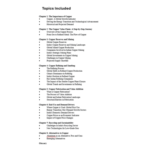 Outline of topics included in a document on copper