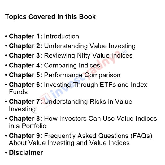 A white slide with black text listing the topics covered in a book on value investing and value indices, including chapters from introduction to FAQs and a disclaimer. A faint diagonal watermark is visible across the text.