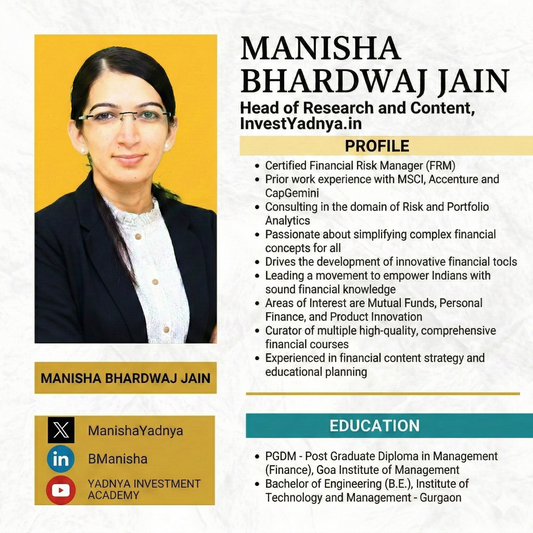 Profile of Manisha Bhardwaj Jain with educational and professional details on a yellow and white background