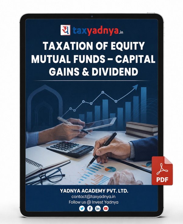 Tablet displaying a tax guide on taxation of equity mutual funds with Taxyadnya branding.