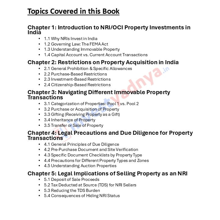 Table of contents for a book on NRI/OCI property investments in India