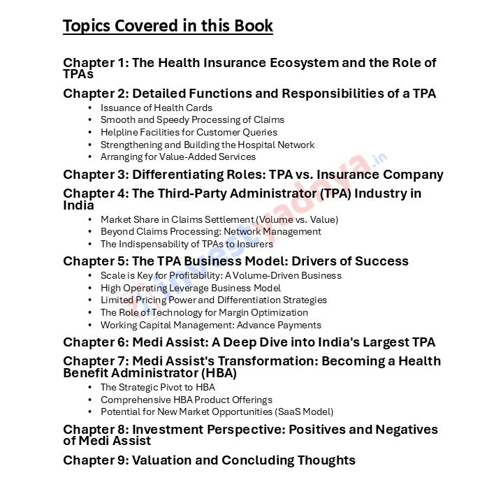 List of topics covered in a book on health insurance ecosystem and TPA roles