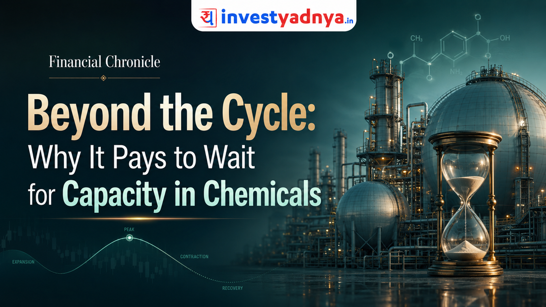 Infographic titled 'Beyond the Cycle: Why It Pays to Wait for Capacity in Chemicals' featuring an hourglass, market charts, and chemical plant elements illustrating investment cycles.
