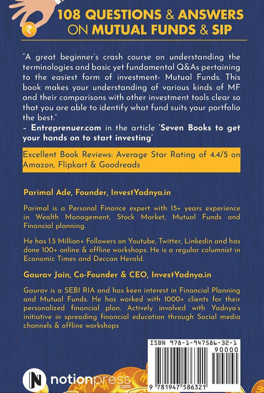 Back cover of a book titled '108 Questions & Answers on Mutual Funds & SIP' with text and a NotionPress logo.