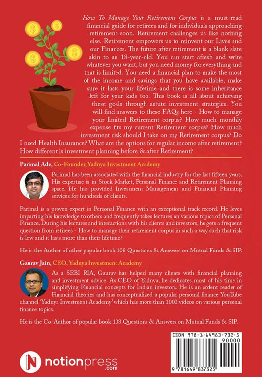 Back cover of a book with text and images of a plant, people, and a logo on a red background.
