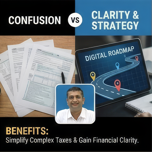 Comparison of confusion vs clarity and strategy with digital roadmap and tax documents.