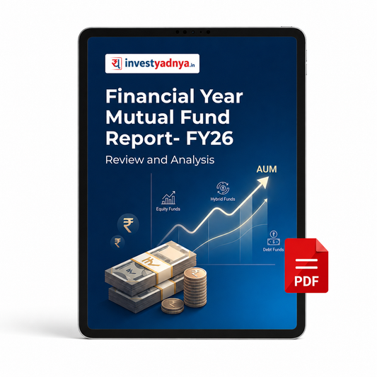 Digital tablet displaying 'Financial Year Mutual Fund Report FY26' with InvestYadnya branding.