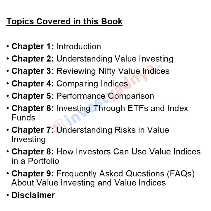 A white slide with black text listing the topics covered in a book on value investing and value indices, including chapters from introduction to FAQs and a disclaimer. A faint diagonal watermark is visible across the text.