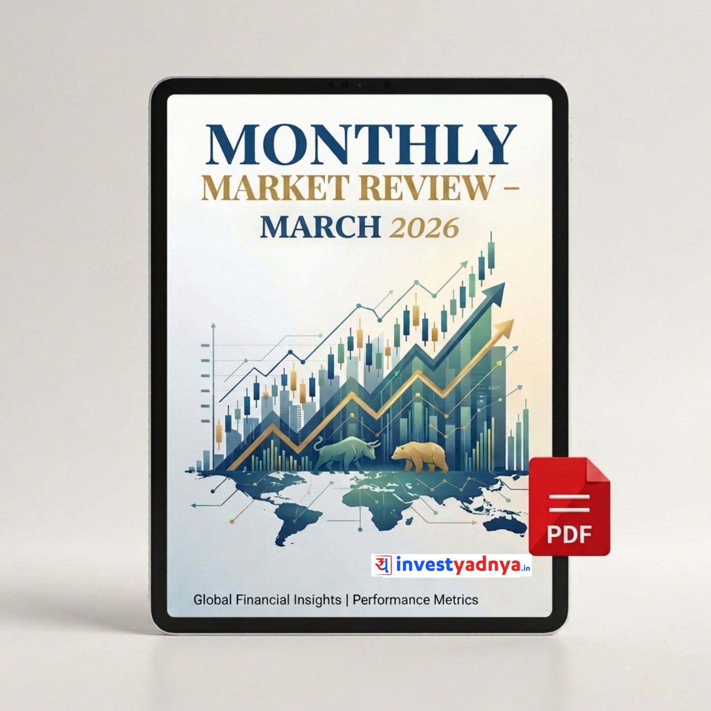 Digital tablet displaying 'Monthly Market Review March 2026' with investydnya logo on a light gray background