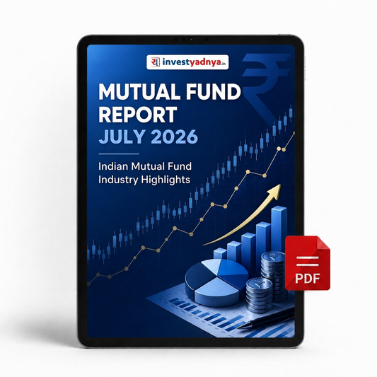 A digital cover for a 'MUTUAL FUND REPORT JULY 2026' by investyadnya, displayed on a tablet screen mockup. The cover features a dark blue background with financial charts, bar graphs, and a gold upward-trending arrow.