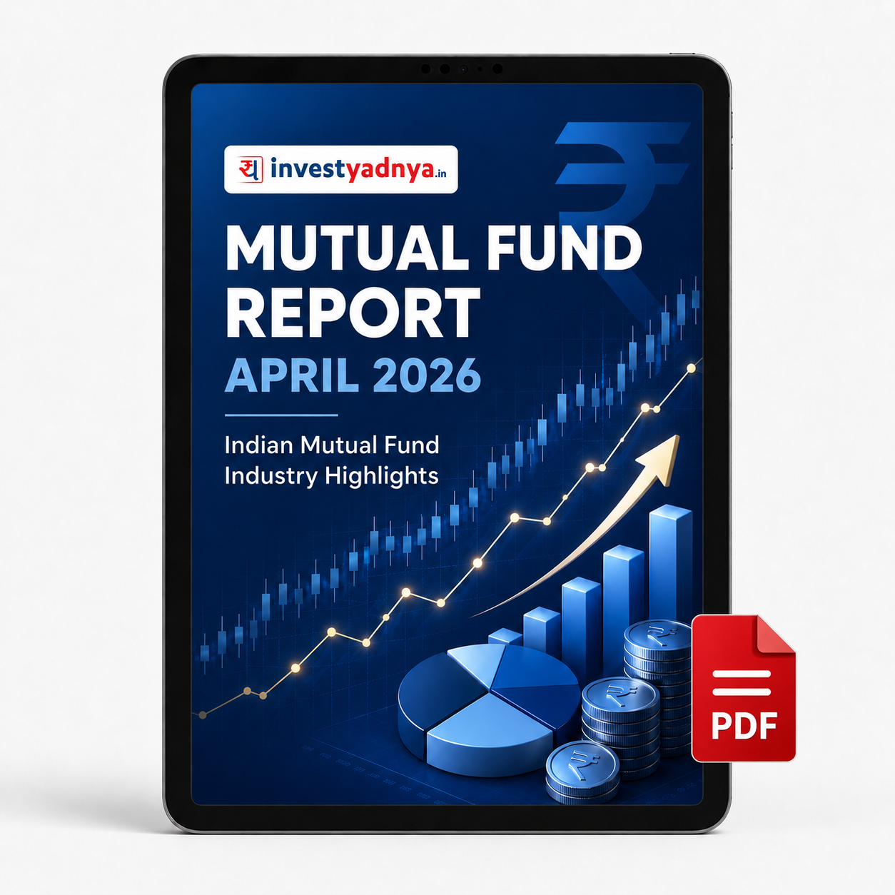 Digital mockup of a tablet displaying 'Mutual Fund Report April 2026' with Investyadnya branding.
