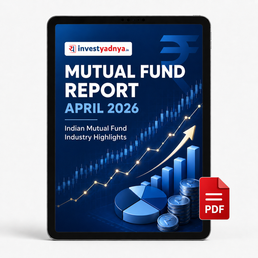 Digital mockup of a tablet displaying 'Mutual Fund Report April 2026' with Investyadnya branding.