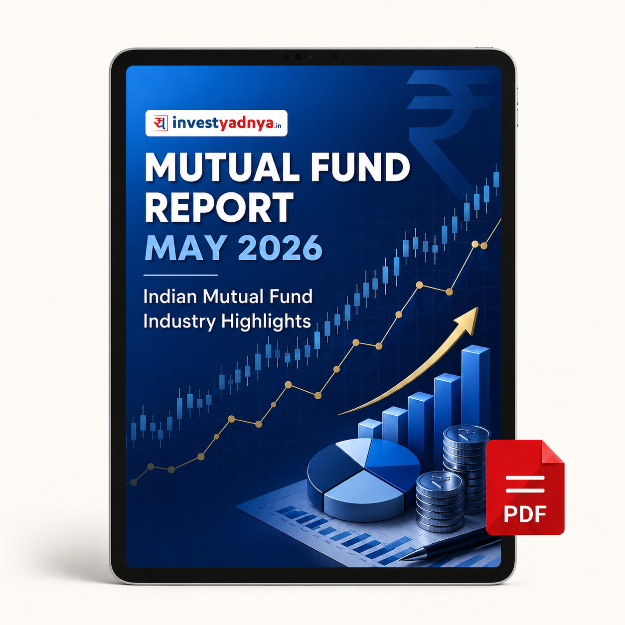 Digital mockup of a tablet displaying 'Mutual Fund Report May 2026' with investadnya branding.