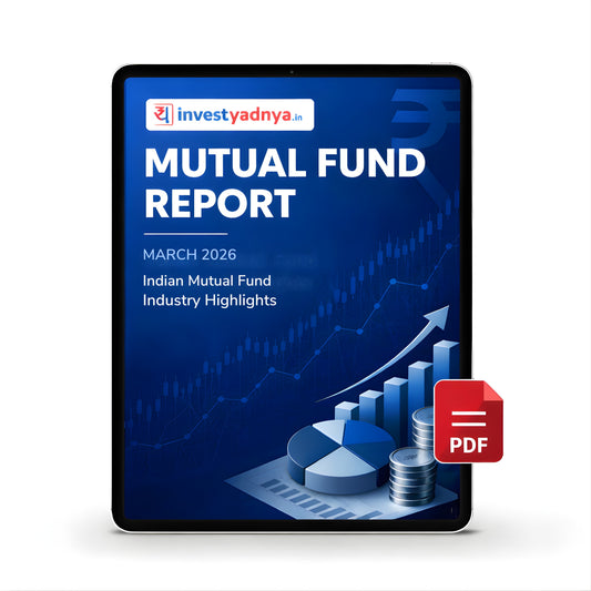Cover of InvestYadnya Mutual Fund Report for March 2026 with financial graphics and charts.