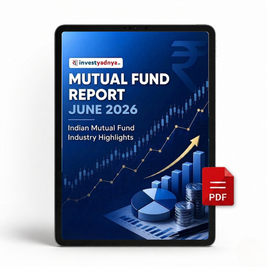 A digital cover for an investyaadny Mutual Fund Report June 2026 displayed on a tablet screen, with blue financial charts and a red PDF icon overlay on a light gray background.