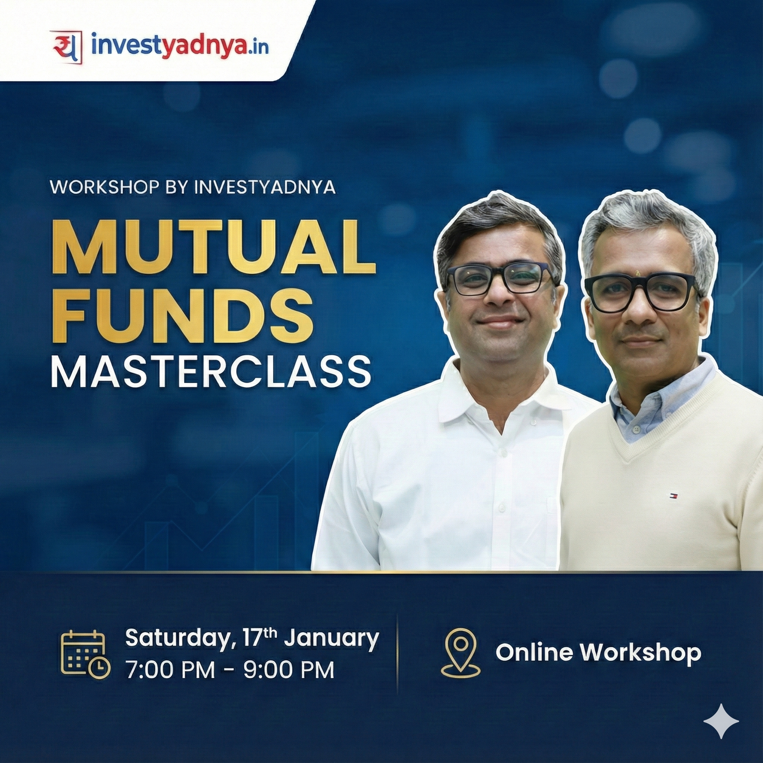 Advertisement for a Mutual Funds Masterclass workshop by InvestYadnya with two speakers and event details.