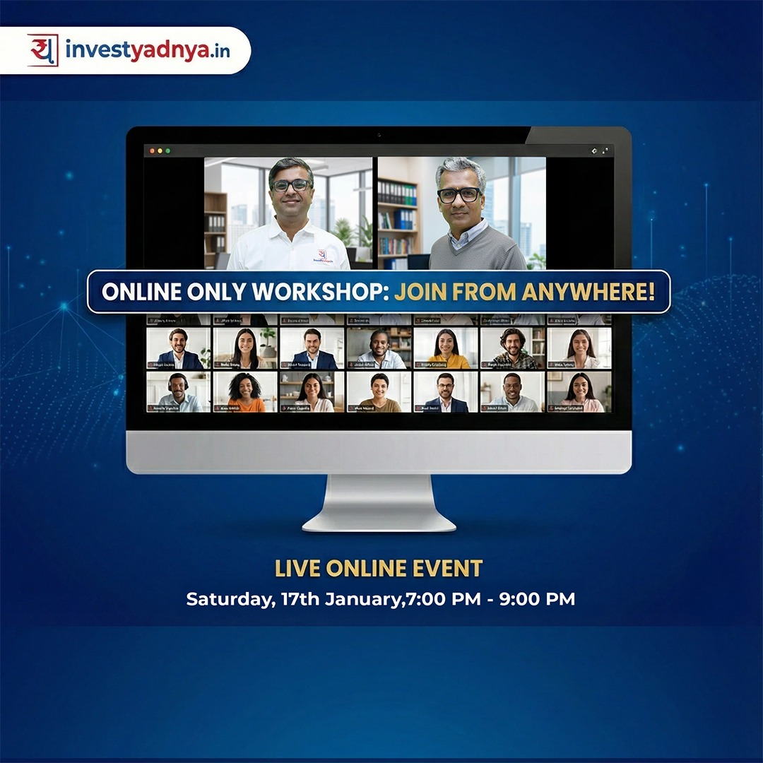 Advertisement for an online workshop hosted by Investyadnya.in, featuring a computer screen with a virtual meeting interface.