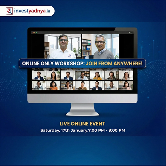 Advertisement for an online workshop hosted by Investyadnya.in, featuring a computer screen with a virtual meeting interface.