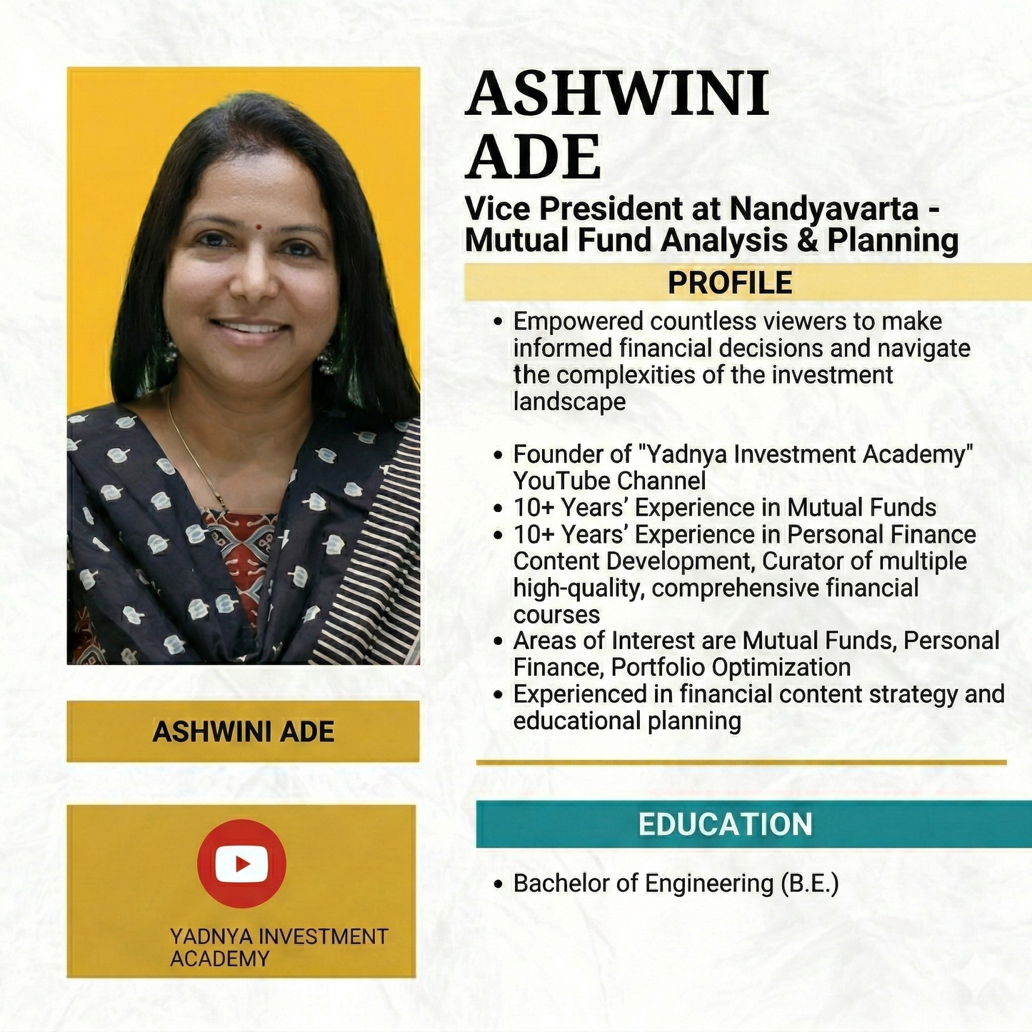 Profile of Ashwini Ade with educational and professional details on a yellow and white background