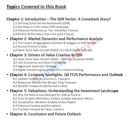 Table of contents for a book on QSR (Quick Service Restaurants) sector with topics covered.