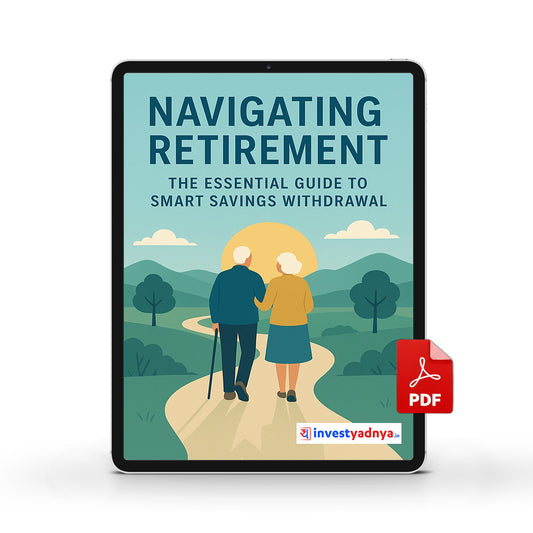 Digital book cover titled 'Navigating Retirement' on a tablet with an 'investyadnya' logo.