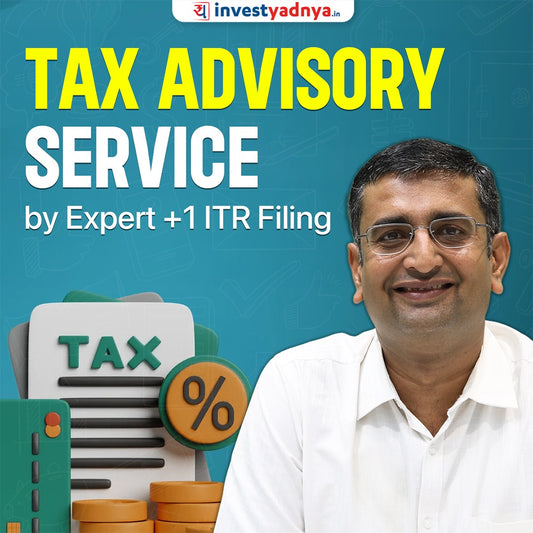 Advertisement for tax advisory service with a man and tax-related graphics on a blue background.
