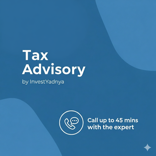 Tax advisory service by InvestYadnya on a blue background with contact information.