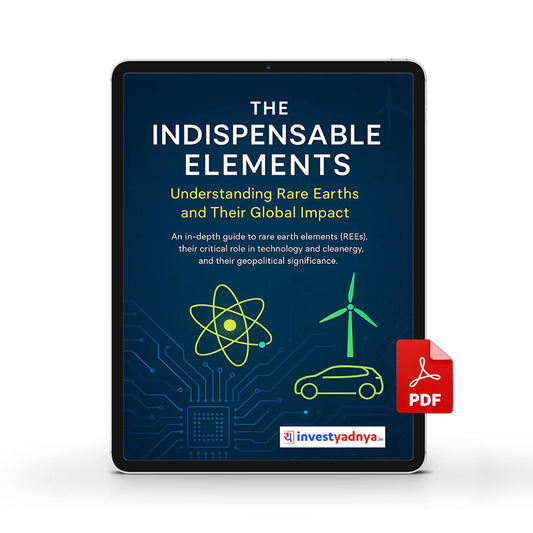 Digital book cover titled 'The Indispensable Elements' on a tablet with Investyadnya logo.