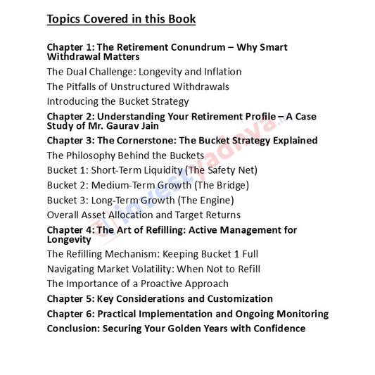 Table of contents for a book on retirement planning with topics like smart withdrawal, bucket strategy, and active management.