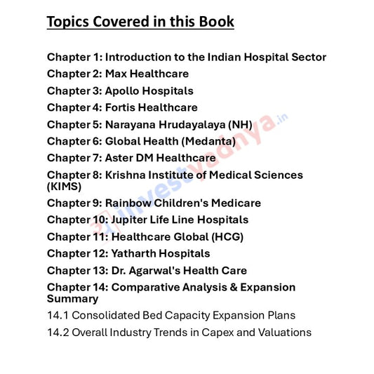 List of topics covered in a book about the Indian hospital sector with various healthcare providers.