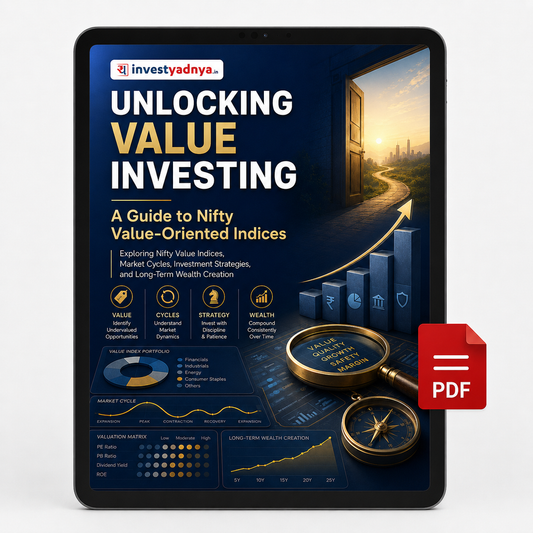 A digital cover for an investadya PDF guide titled 'Unlocking Value Investing' displayed on a black tablet screen, with a red PDF icon in the lower right corner.
