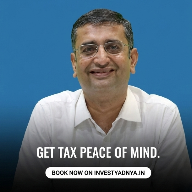 Man with glasses and a white shirt against a blue background with text promoting tax services.